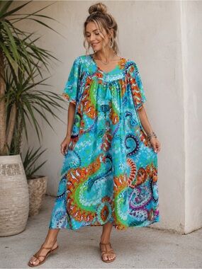 Go Softly Patio Muumuu Dress M Turquoise Paisley 100% Rayon Boho Caftan